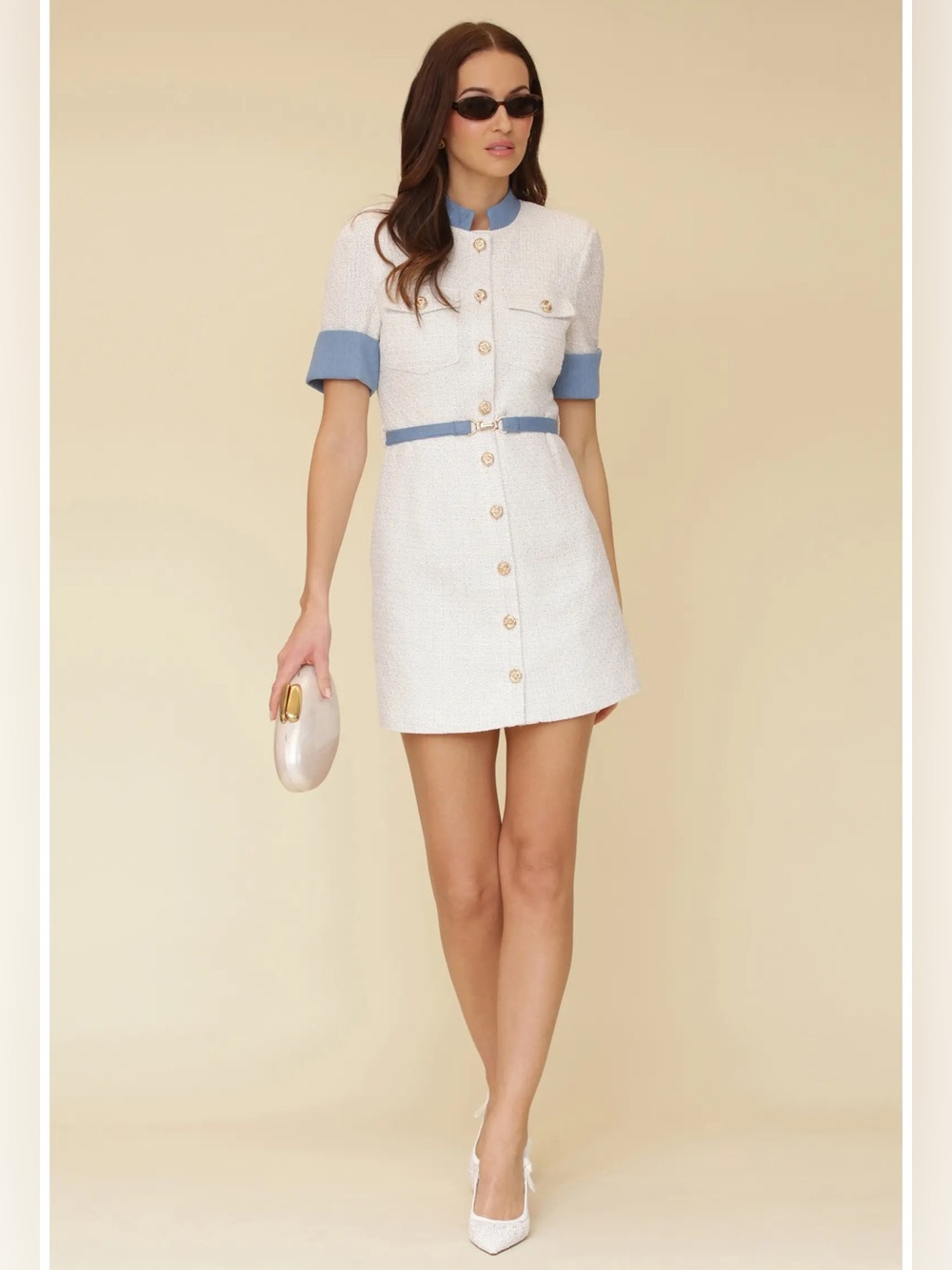 New Avec Les Filles Contrast Denim Tweed Mini Dress Ivory 8 M Preppy Quiet luxur
